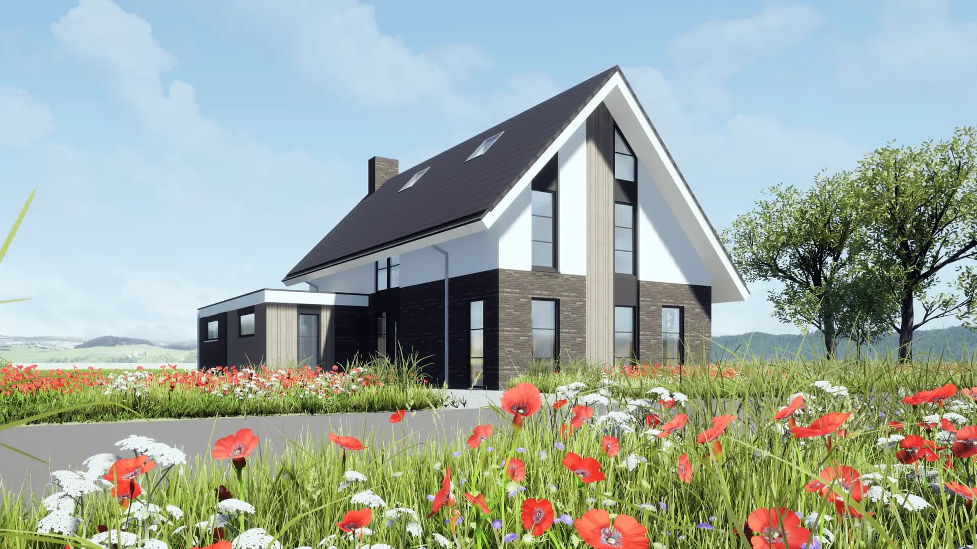 Modern woonhuis in Wolvega met schuin dak, donkere bakstenen onderbouw en lichte gevelbekleding — een eigentijds ontwerp in het landschap.