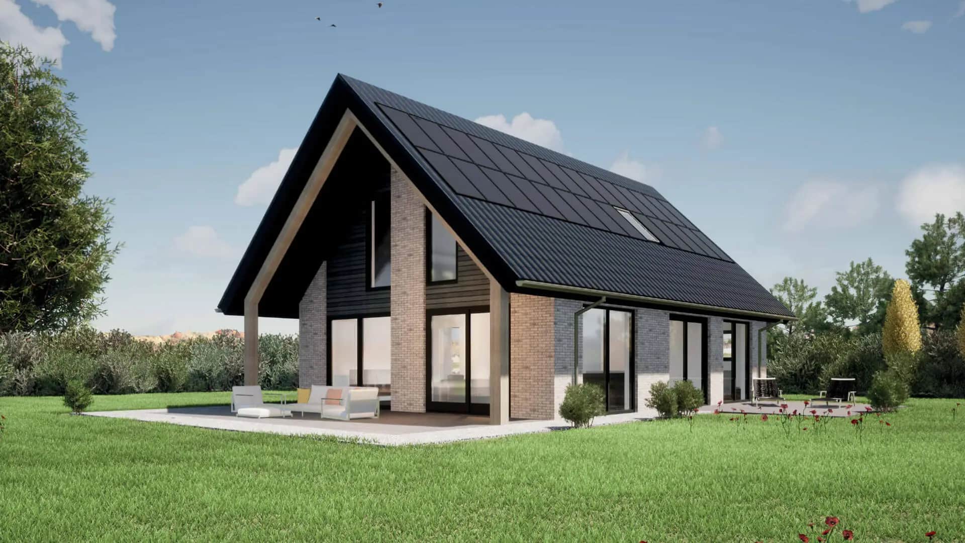 Modern woonhuis aan de Boekebeamstrjitte in Lemmer met overstekende kap, hoge puien en metselwerk penanten met houten gevelbekleding.