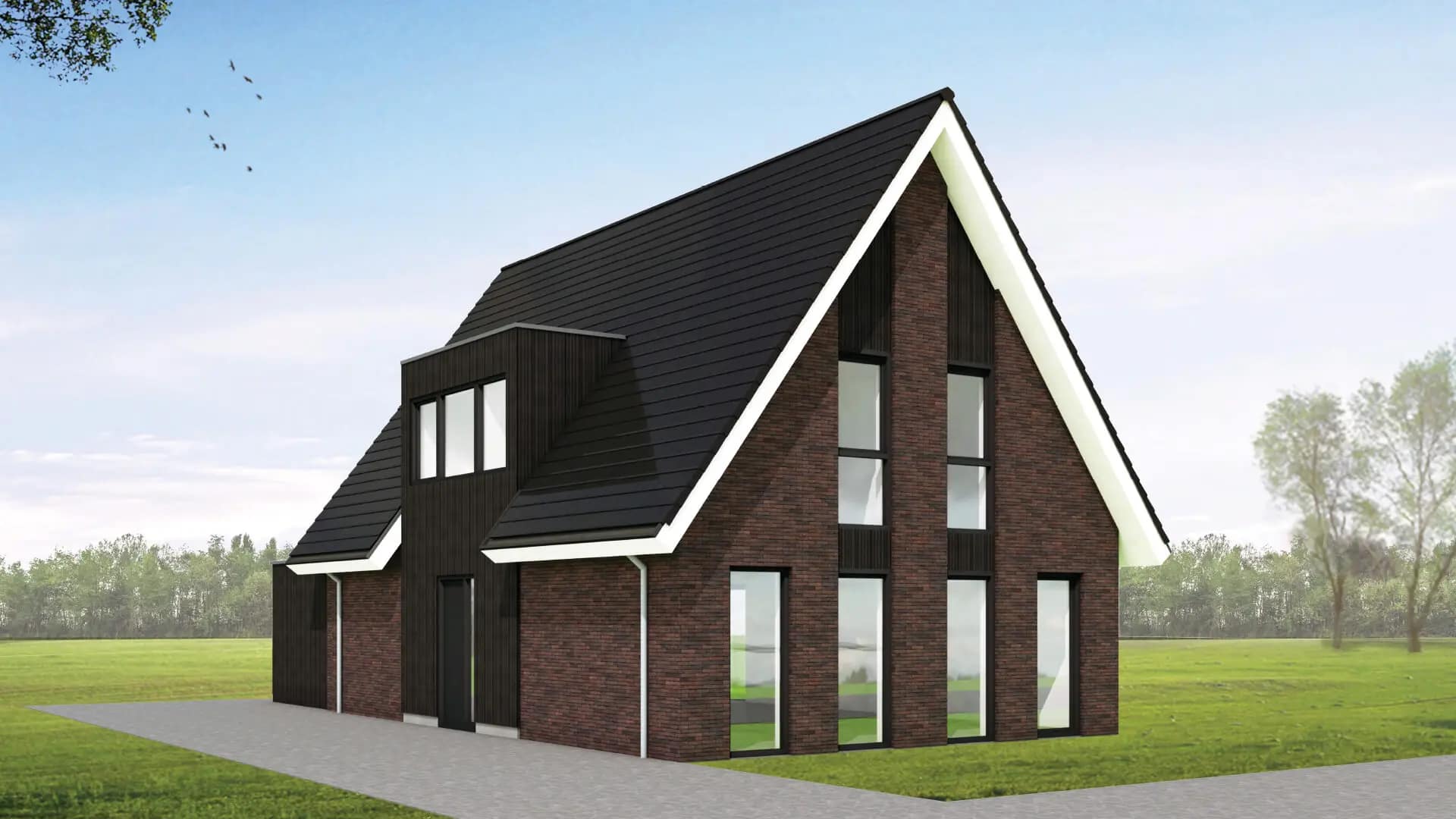 Eigentijds modern woonhuis aan de Heerenveenseweg op een smal kavel met steile kap, verticale raampartijen en gevelbekleding voor maximale ruimtebenutting.